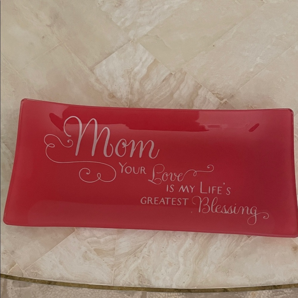 Red Glass Art Tray - 'Mom' Design